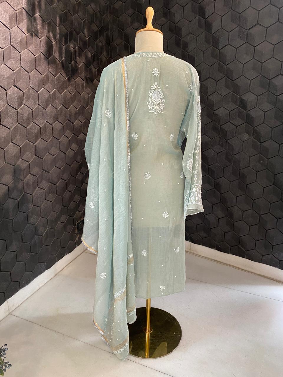 Mint Green Golden Tissue Chikankari Kurta Set
