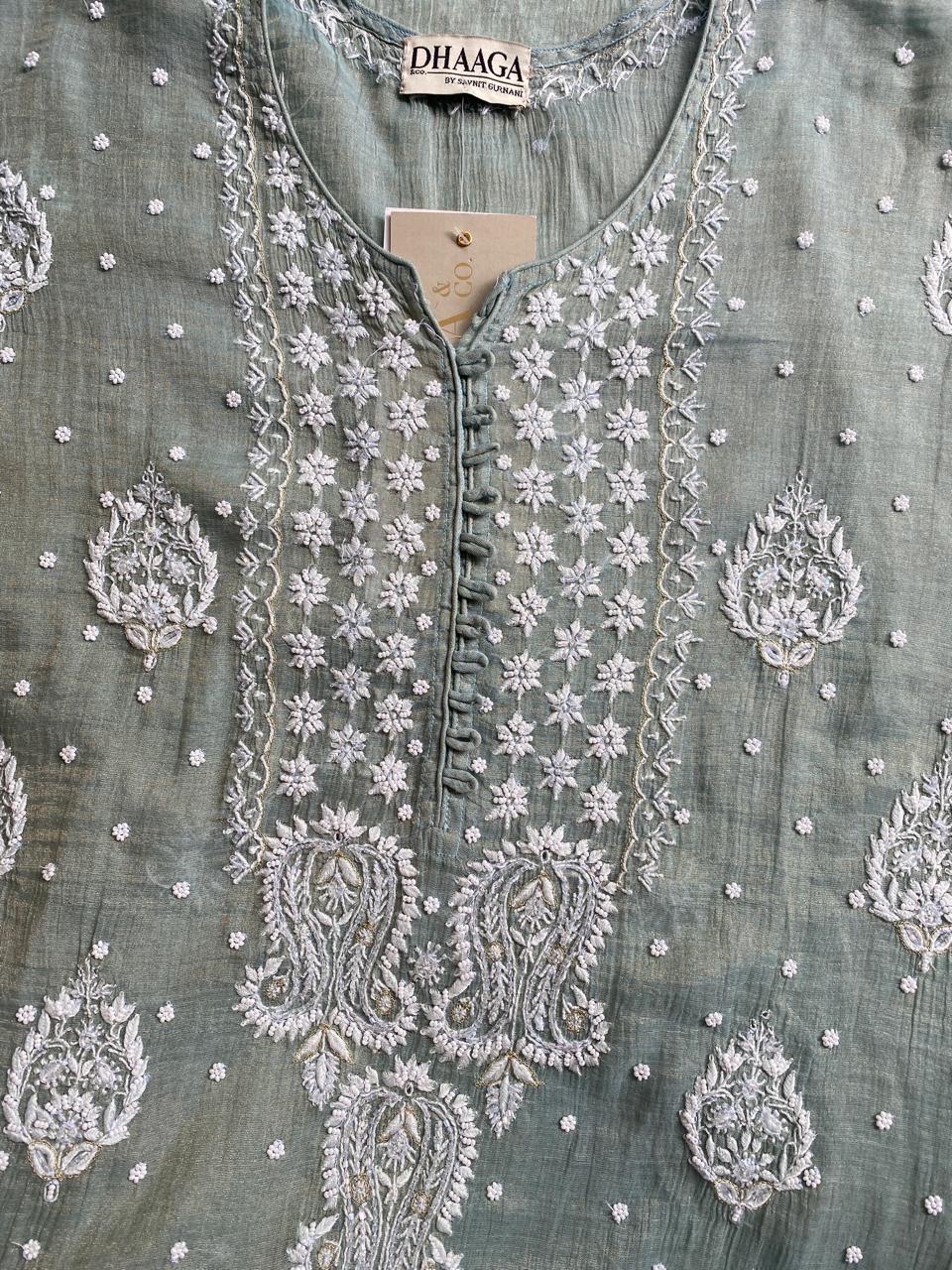 Mint Green Golden Tissue Chikankari Kurta Set
