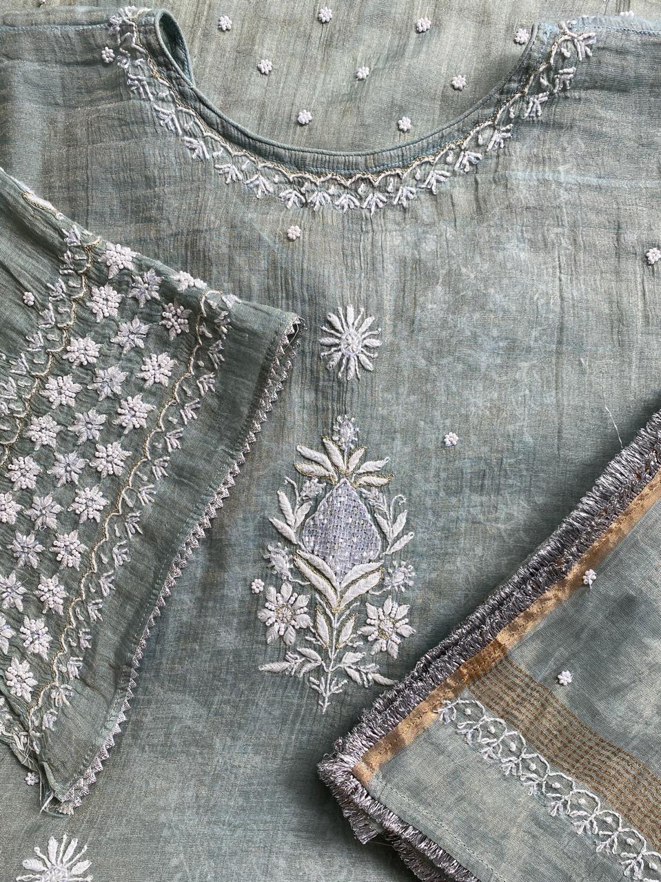 Mint Green Golden Tissue Chikankari Kurta Set