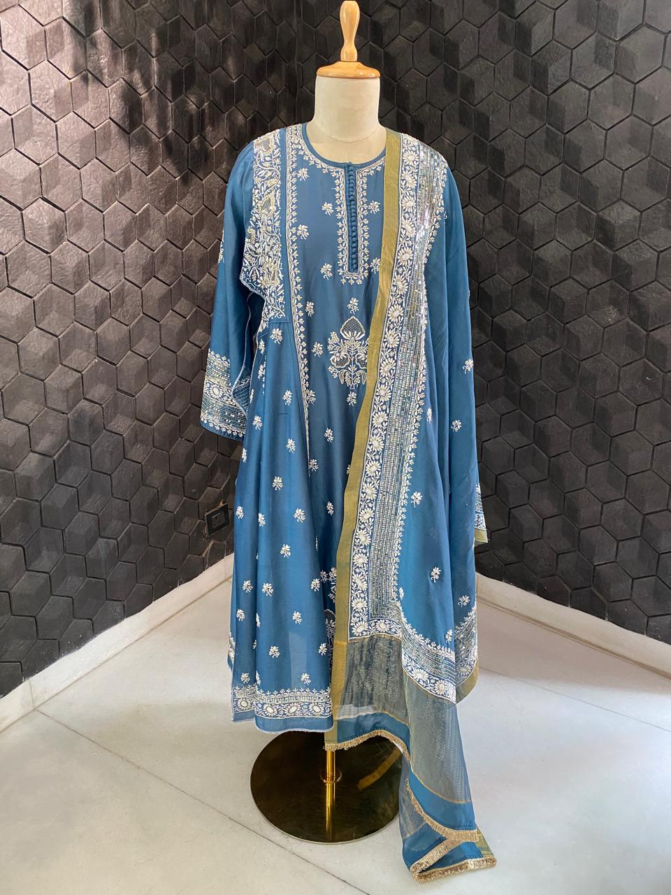 teal blue chanderi chikankari kurta set