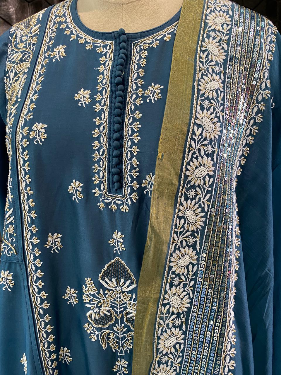 teal blue chanderi chikankari kurta set