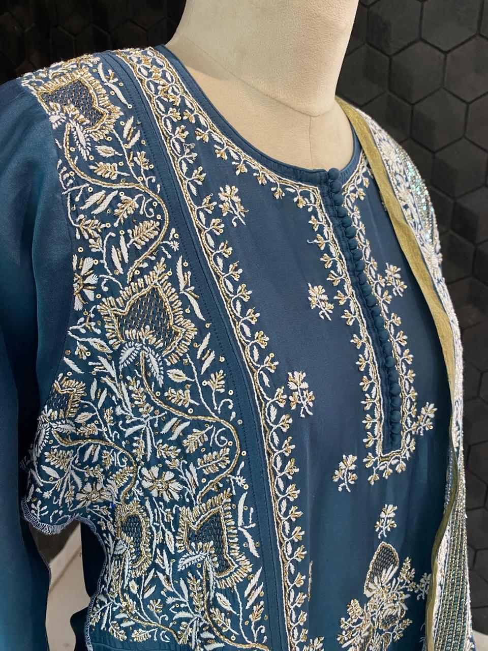 teal blue chanderi chikankari kurta set