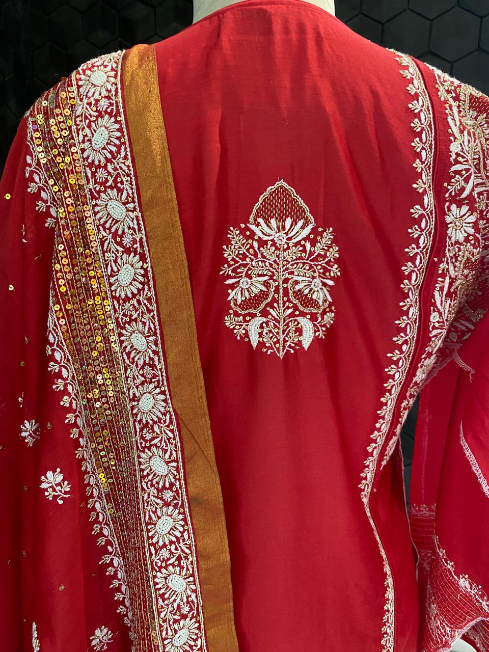 Red chanderi chikankari kurta set