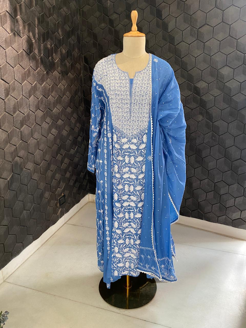 cobalt blue mul chanderi chikankari kurta set