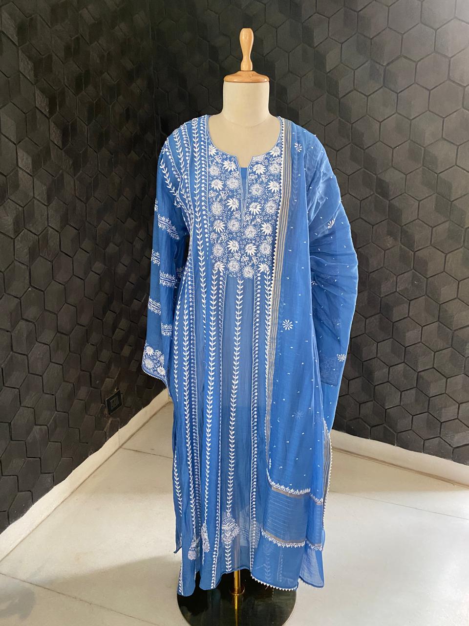 cobalt blue Mul Chanderi anarkali kurta set