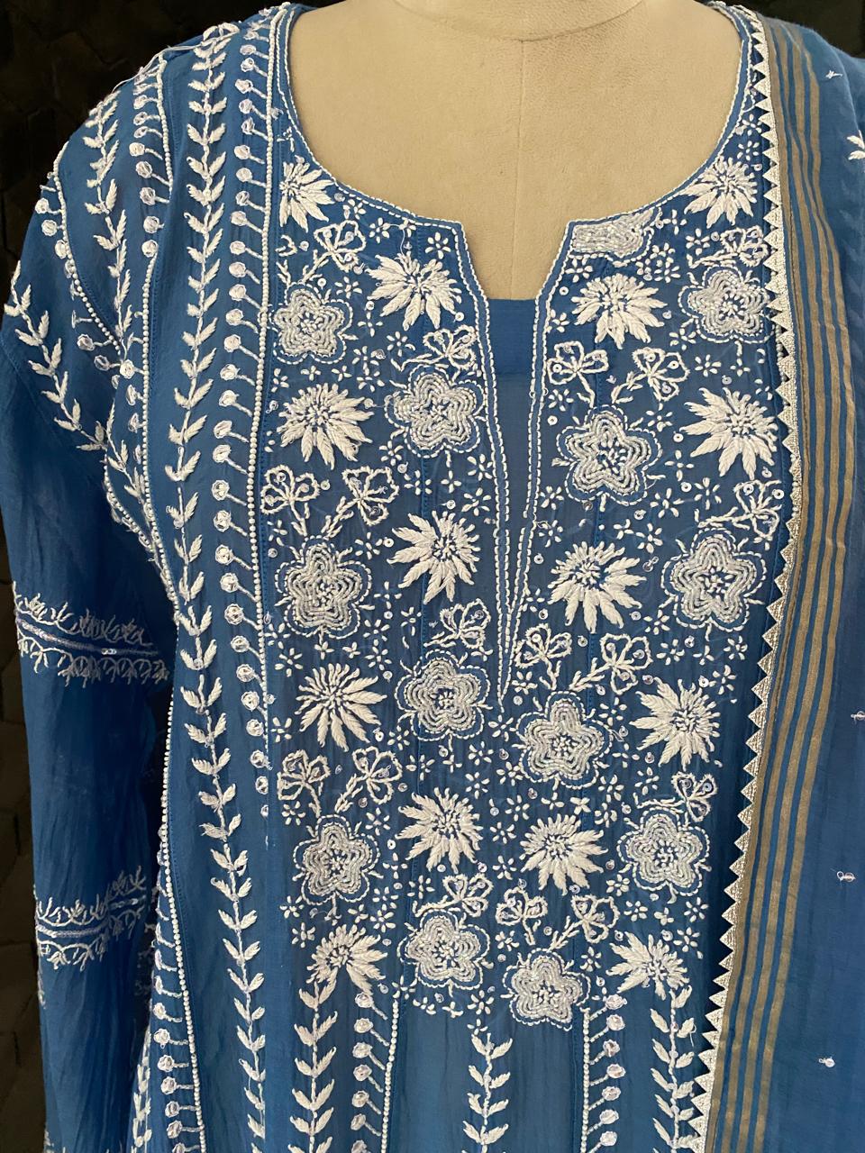 cobalt blue Mul Chanderi anarkali kurta set
