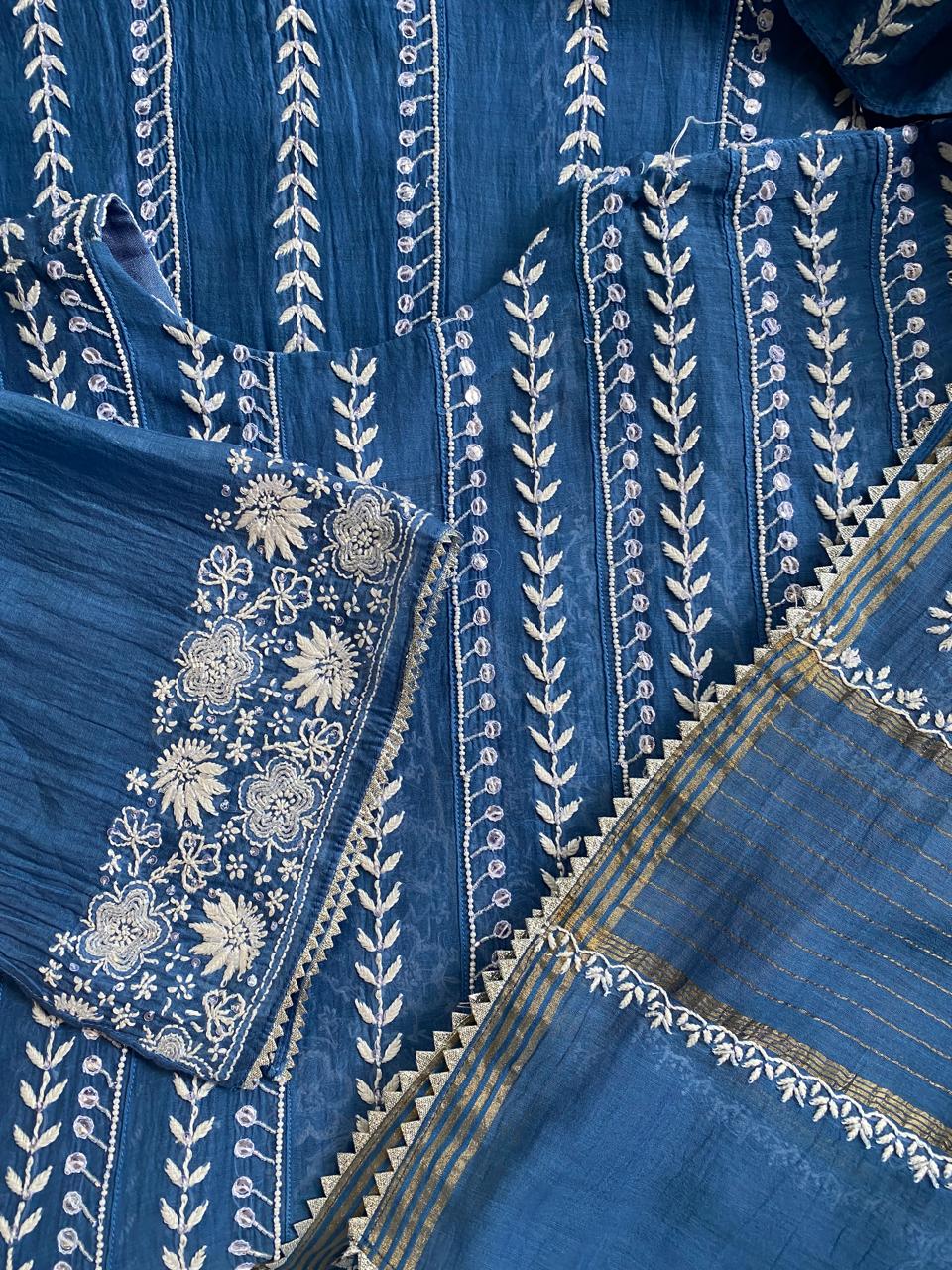 cobalt blue Mul Chanderi anarkali kurta set