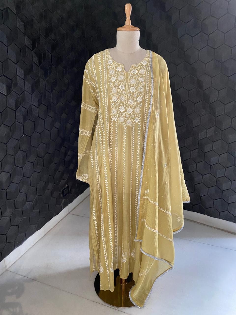 Pista green Mul Chanderi anarkali kurta set