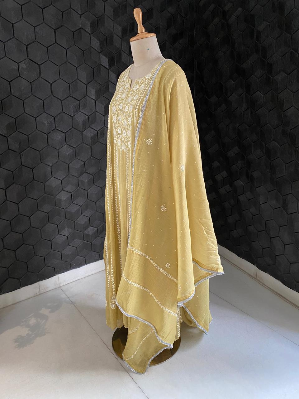 Pista green Mul Chanderi anarkali kurta set