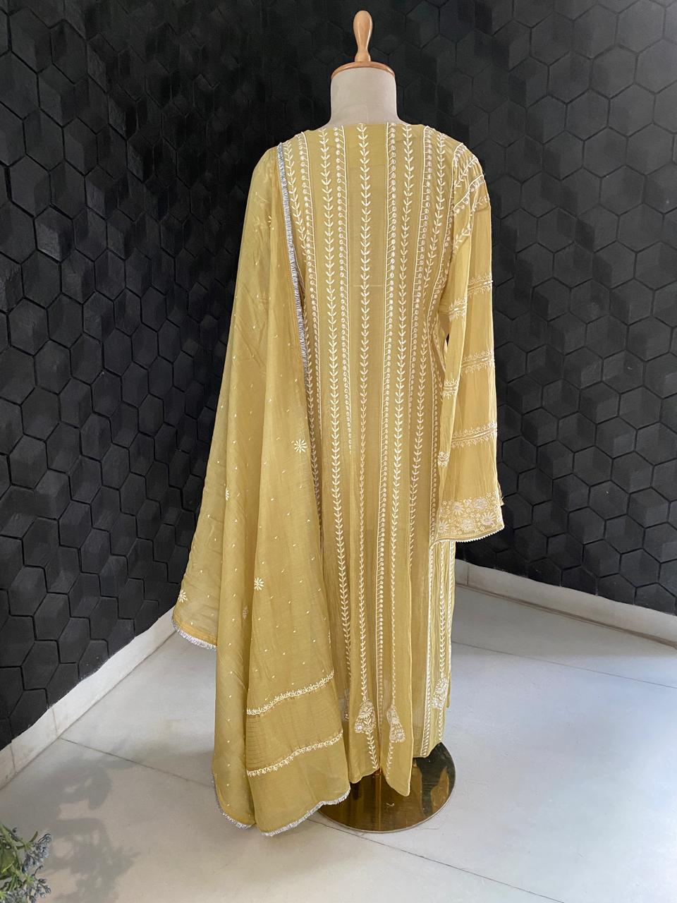 Pista green Mul Chanderi anarkali kurta set