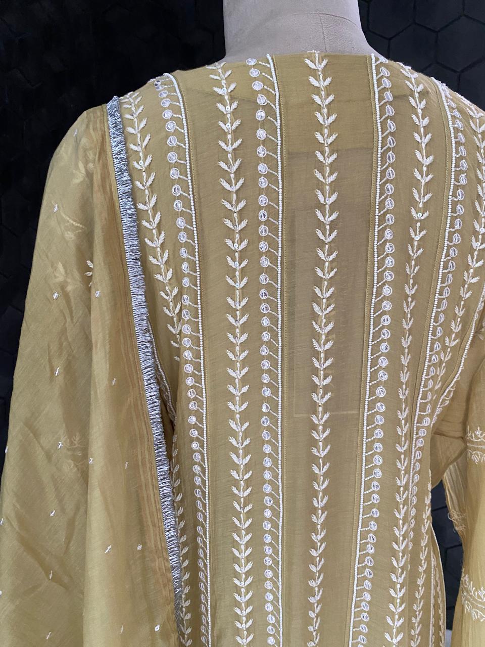 Pista green Mul Chanderi anarkali kurta set