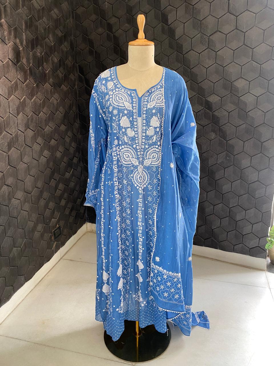 cobalt blue mul chanderi chikankari anarkali kurta set