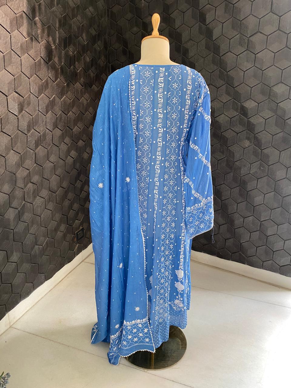cobalt blue mul chanderi chikankari anarkali kurta set