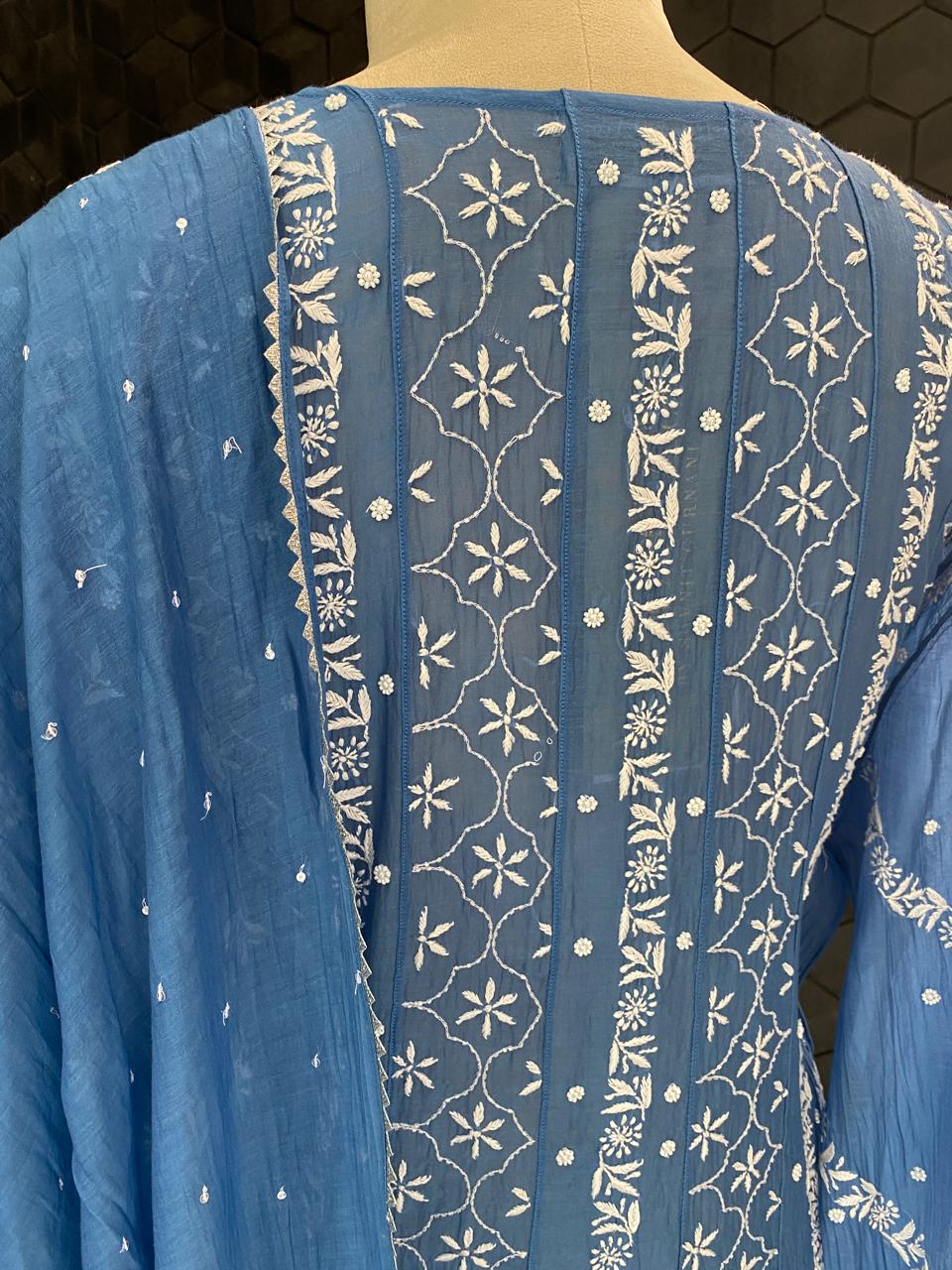 cobalt blue mul chanderi chikankari anarkali kurta set