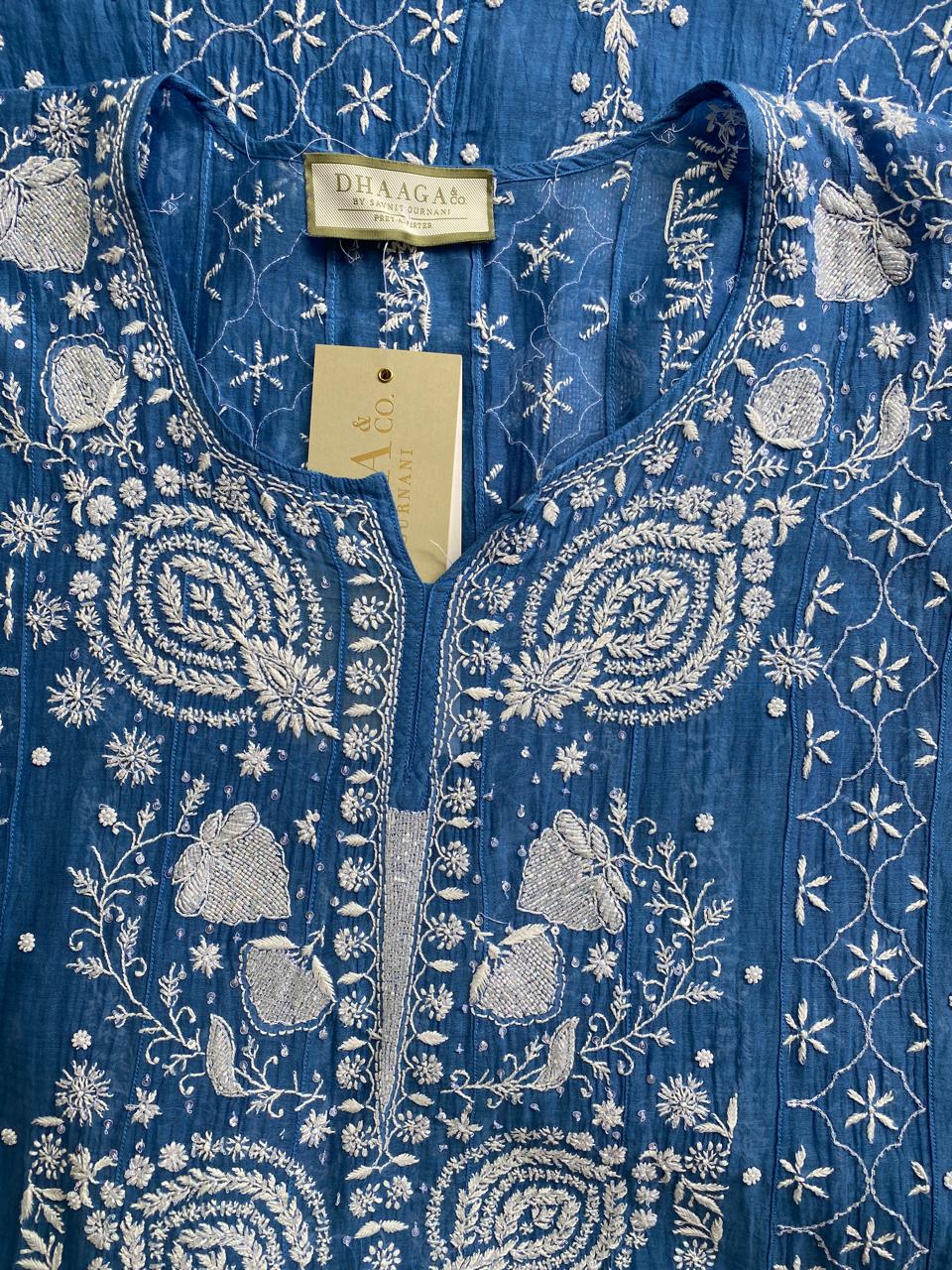 cobalt blue mul chanderi chikankari anarkali kurta set