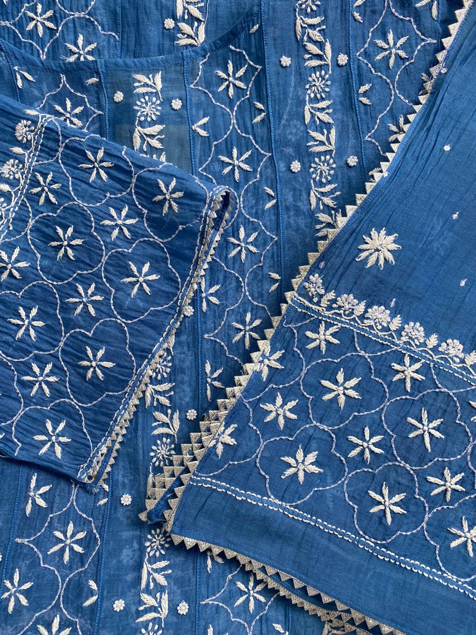 cobalt blue mul chanderi chikankari anarkali kurta set
