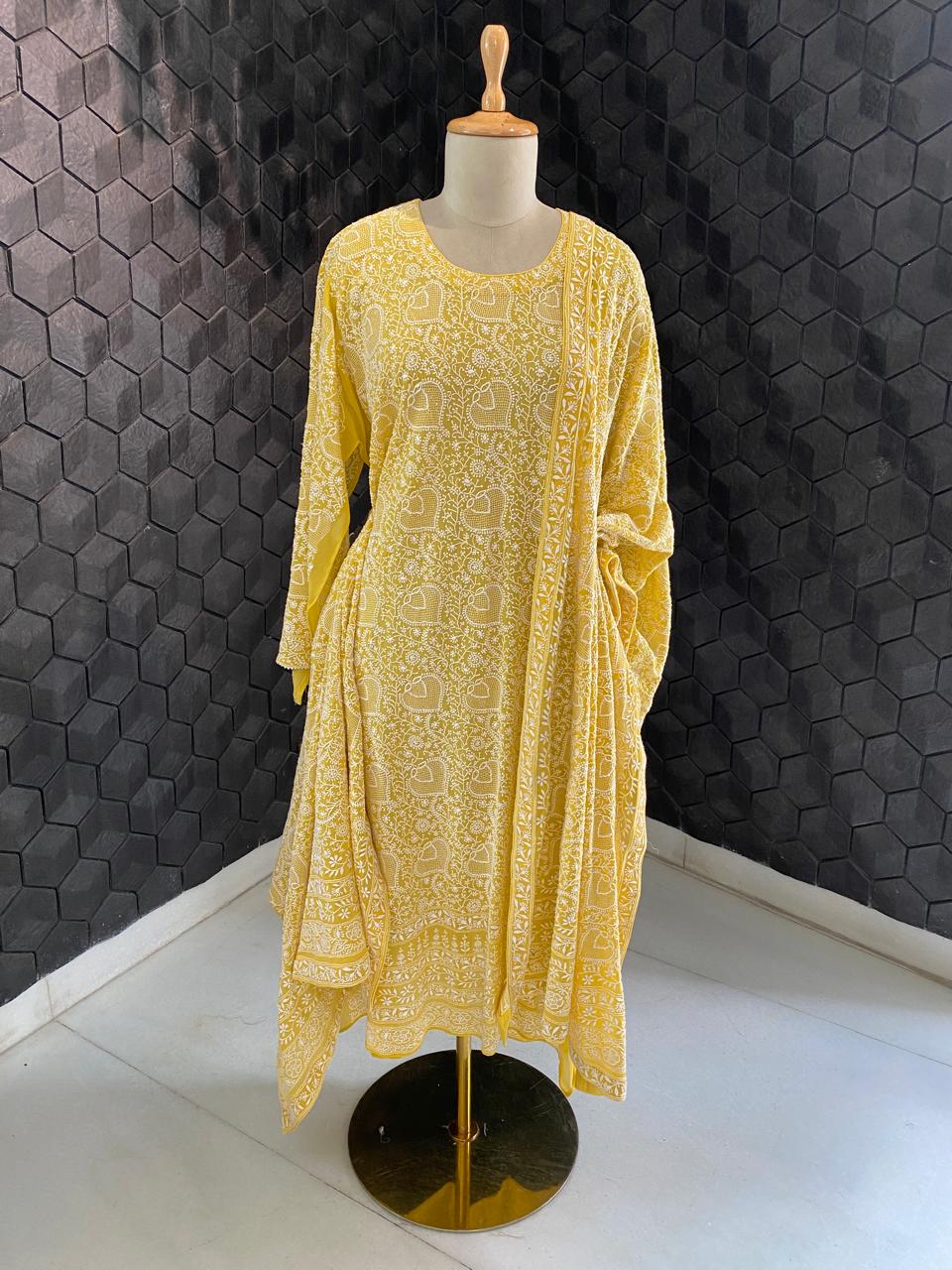 Yellow georgette full jaal chikankari kurta set
