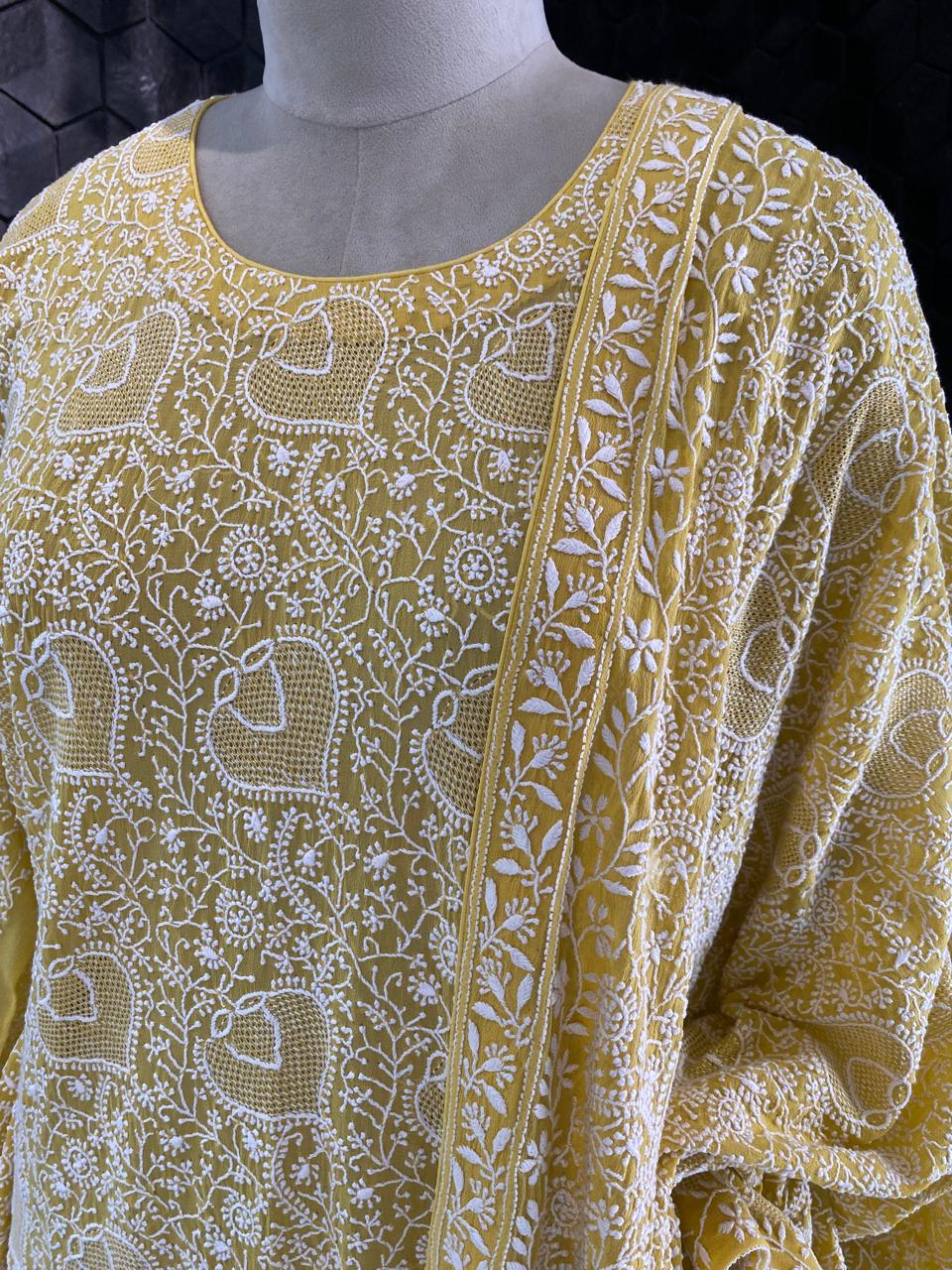 Yellow georgette full jaal chikankari kurta set
