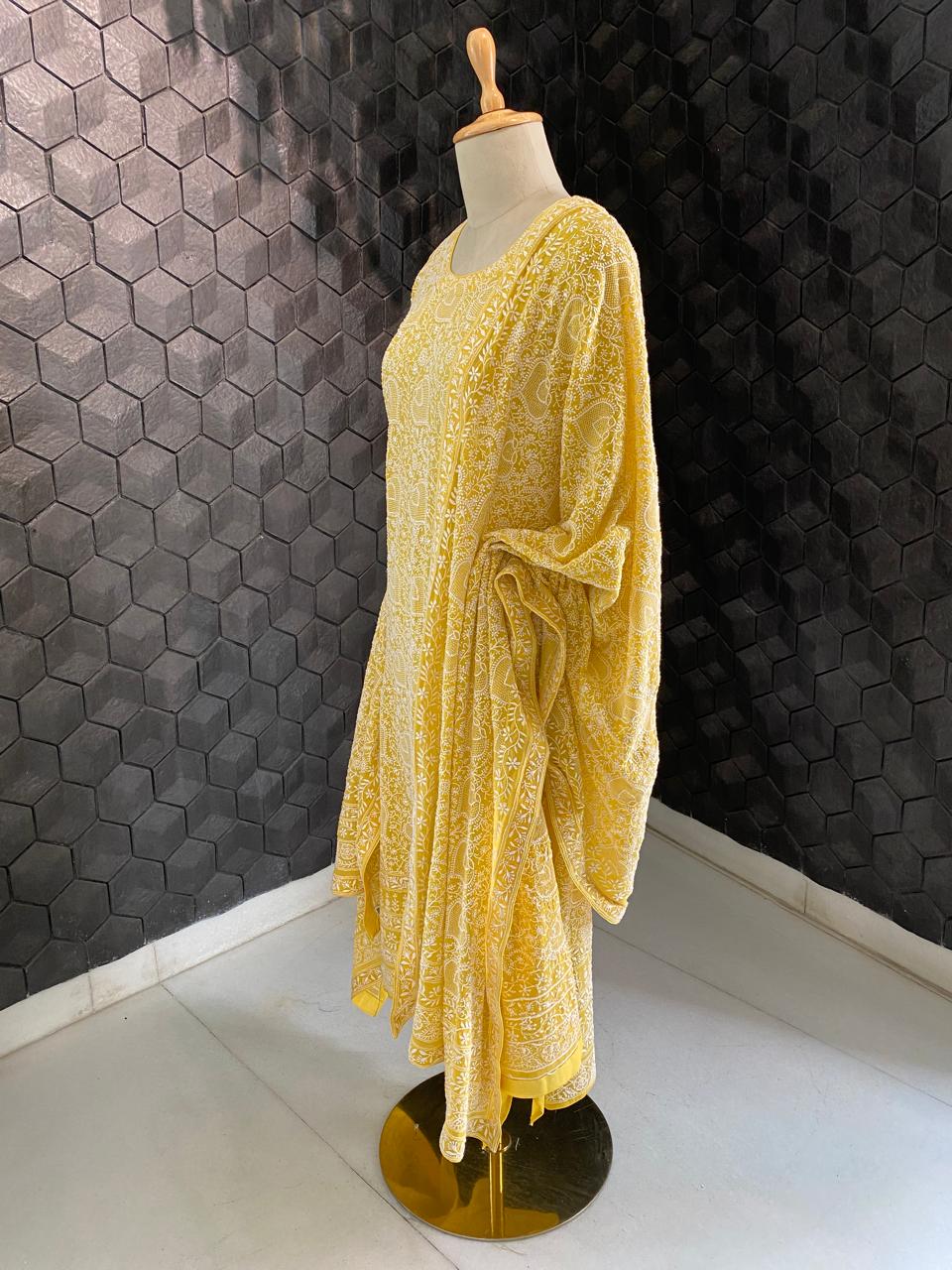 Yellow georgette full jaal chikankari kurta set