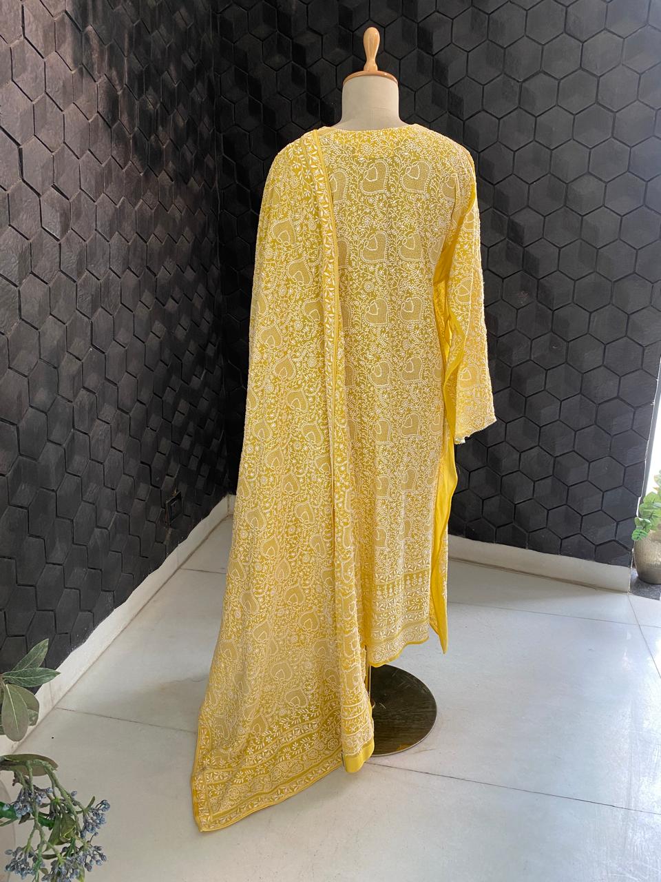 Yellow georgette full jaal chikankari kurta set