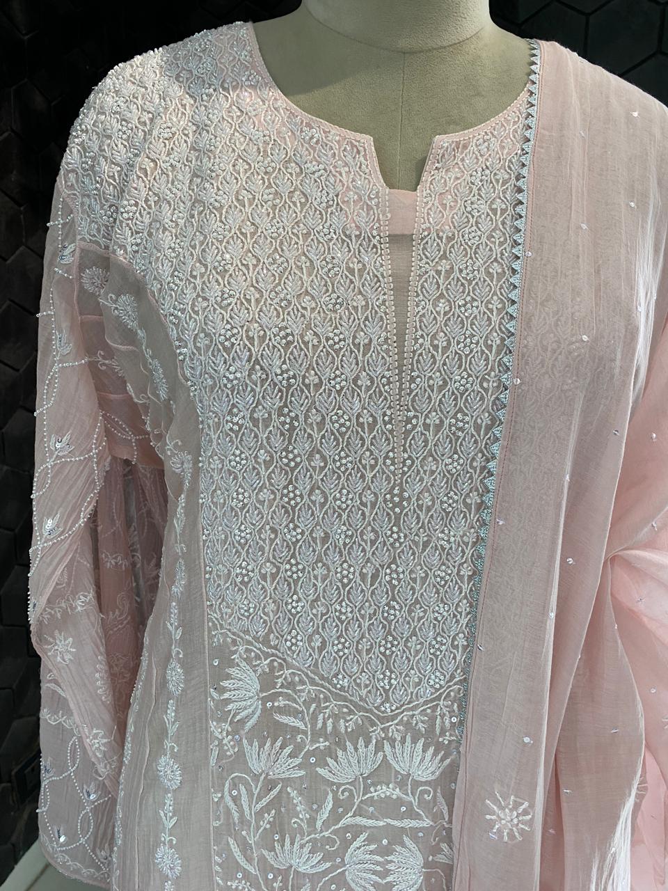 pink panel Lotus mul chanderi chikankari kurta set