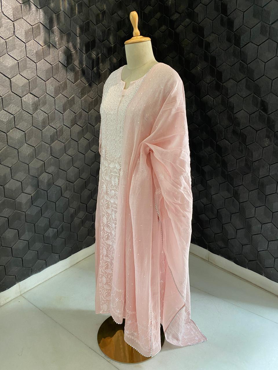 pink panel Lotus mul chanderi chikankari kurta set
