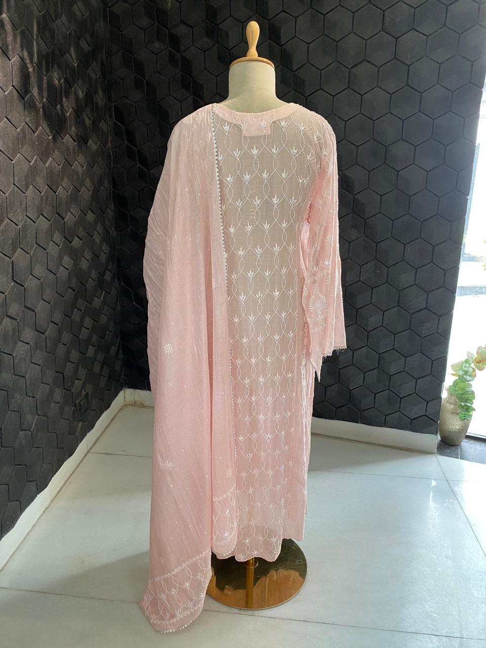 pink panel Lotus mul chanderi chikankari kurta set
