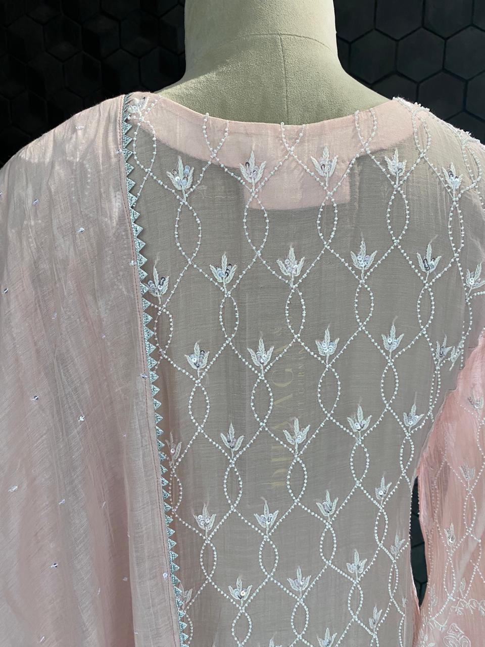 pink panel Lotus mul chanderi chikankari kurta set