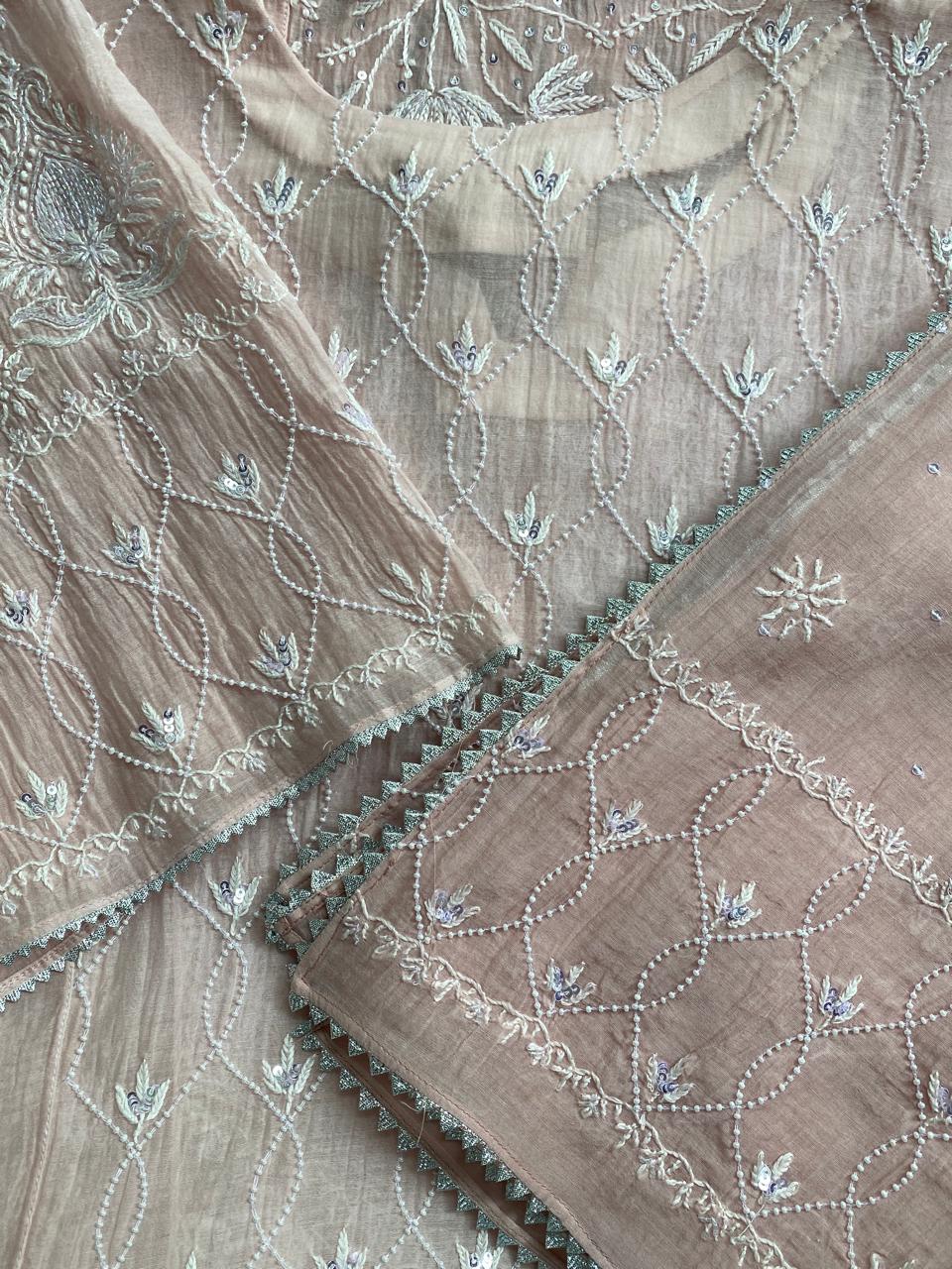 pink panel Lotus mul chanderi chikankari kurta set