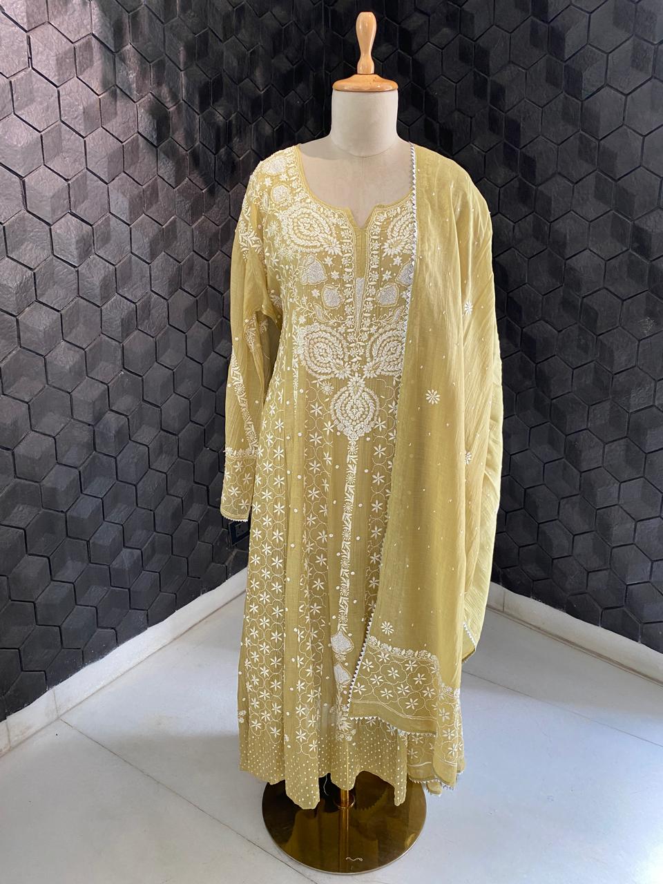 Pista Green mul chanderi Anarkali Kurta set