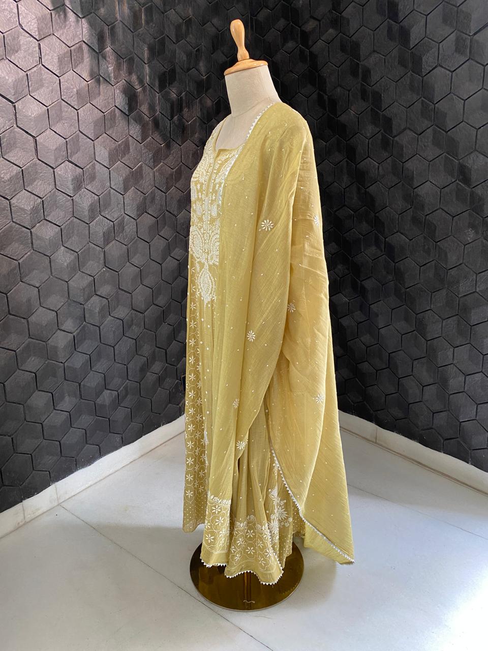 Pista Green mul chanderi Anarkali Kurta set