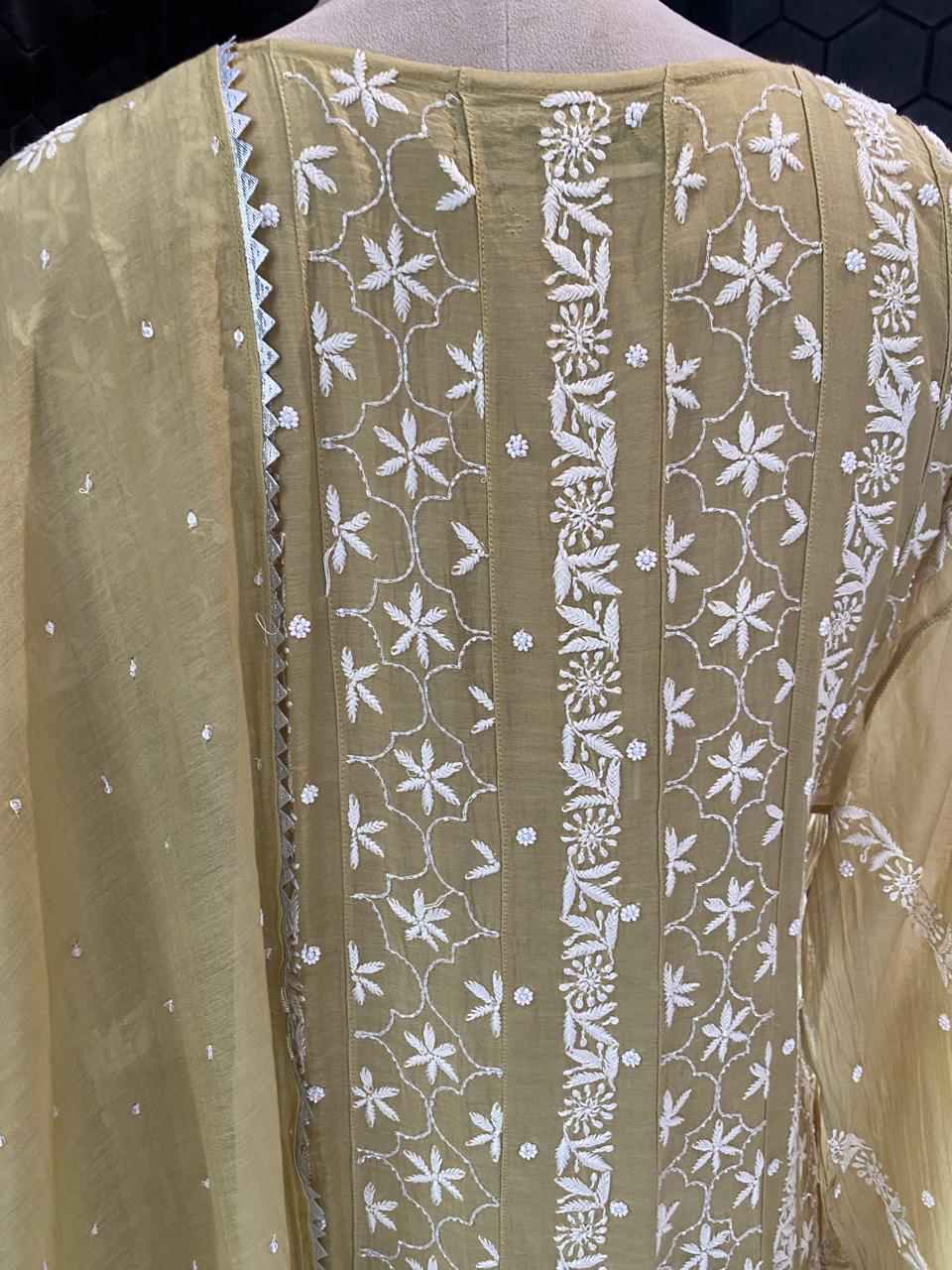 Pista Green mul chanderi Anarkali Kurta set