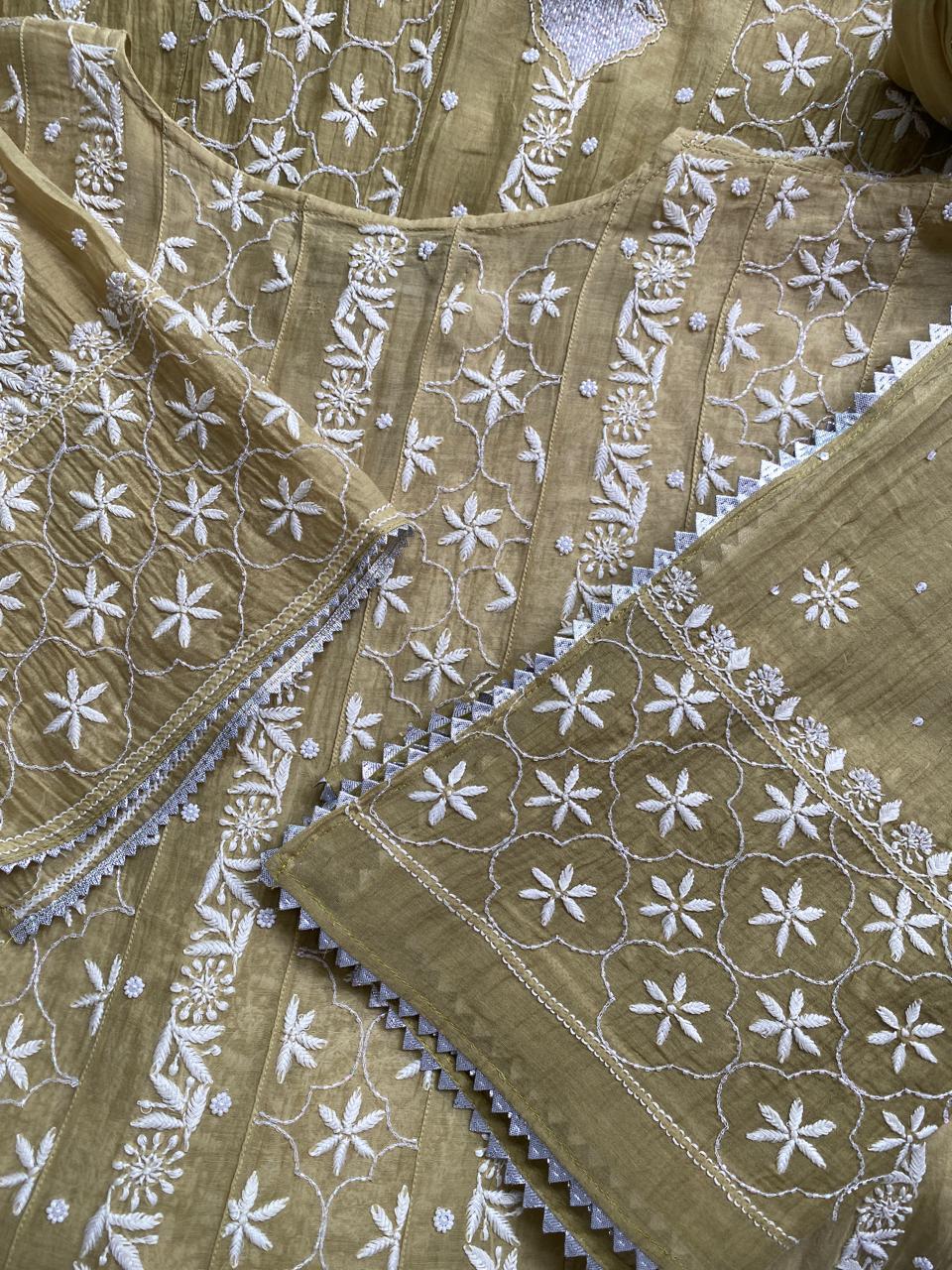 Pista Green mul chanderi Anarkali Kurta set