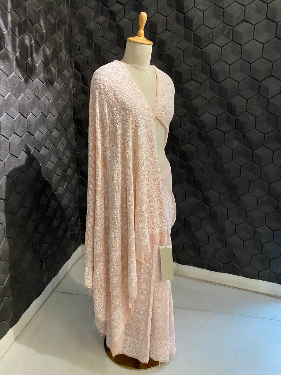 Peach georgette chikankari saree