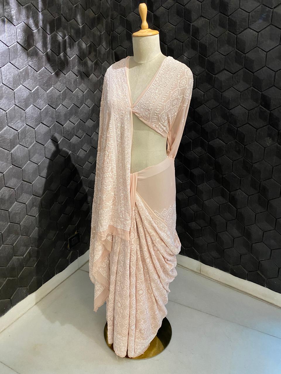 Peach georgette chikankari saree