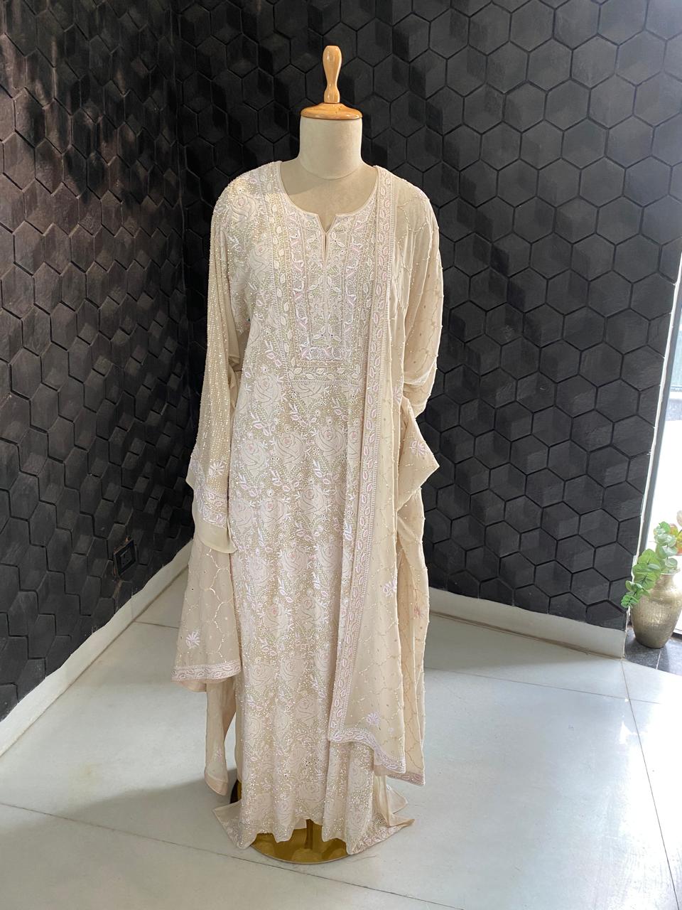 ivory georgette full jaal chikankari kurta set