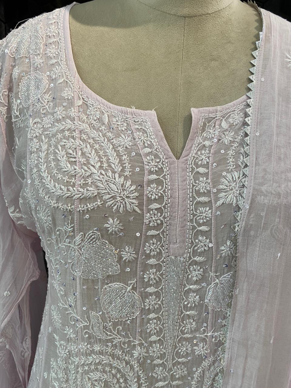 Lilac mul chanderi chikankari Anarkali kurta set