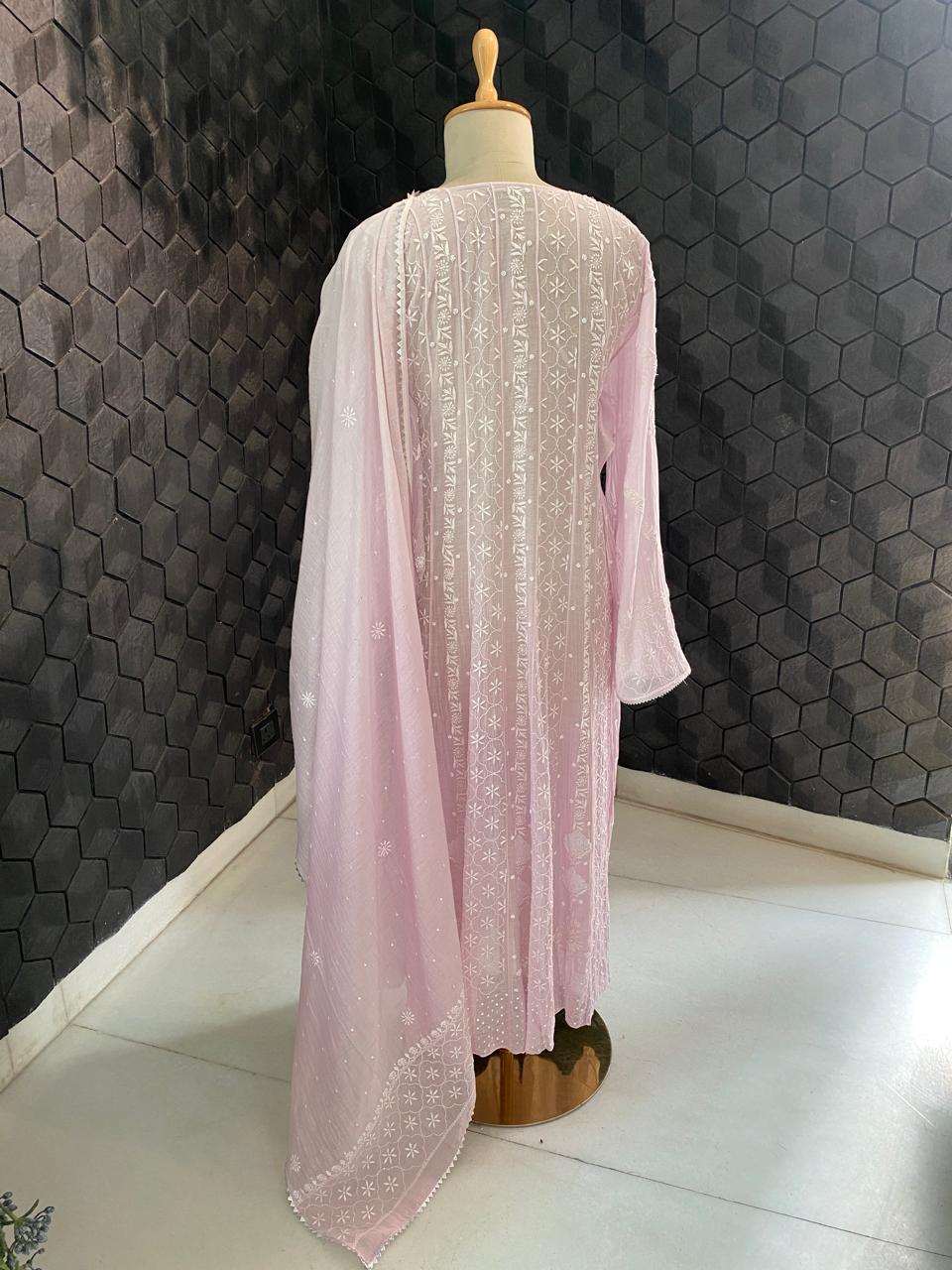 Lilac mul chanderi chikankari Anarkali kurta set