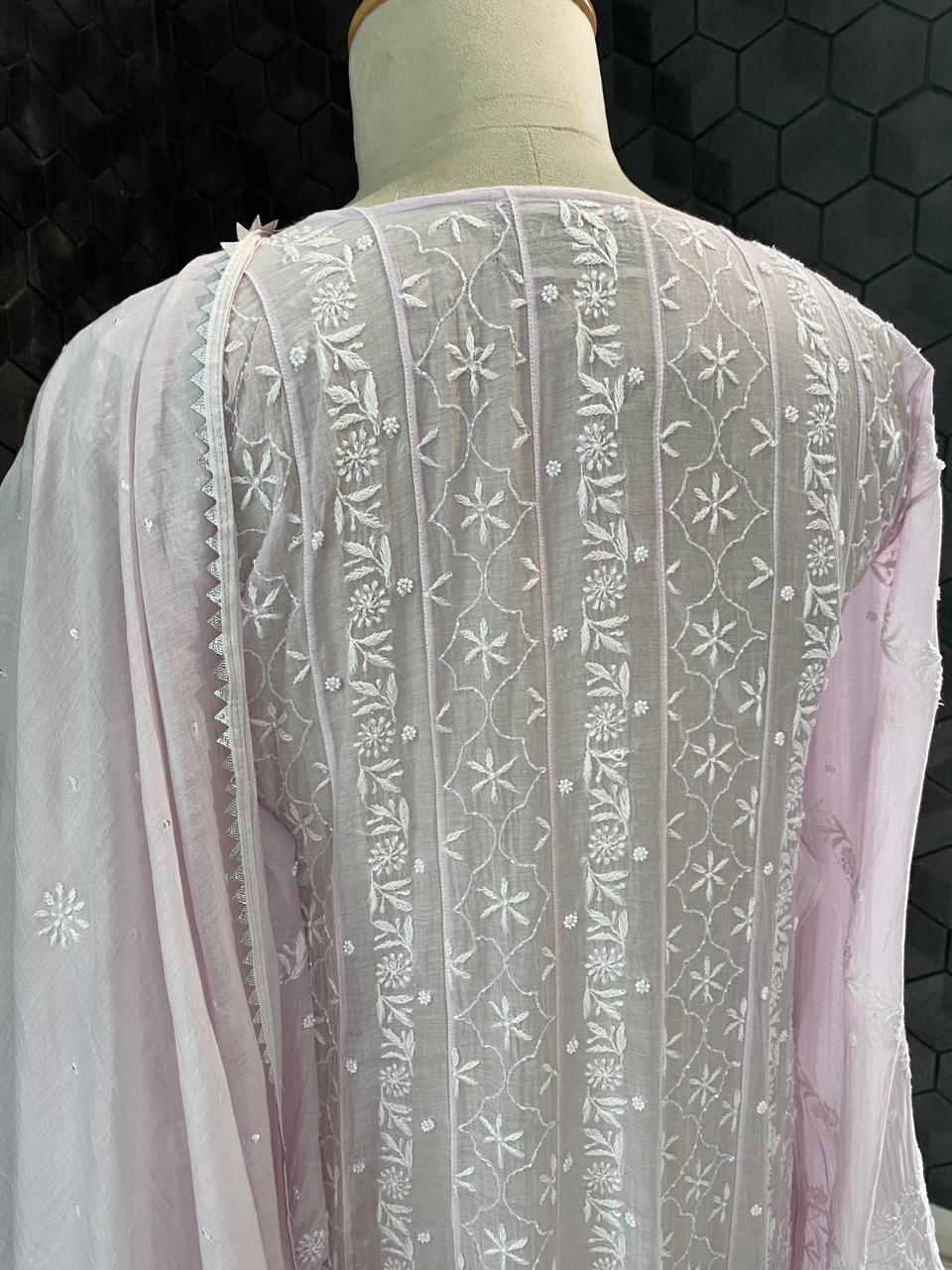 Lilac mul chanderi chikankari Anarkali kurta set