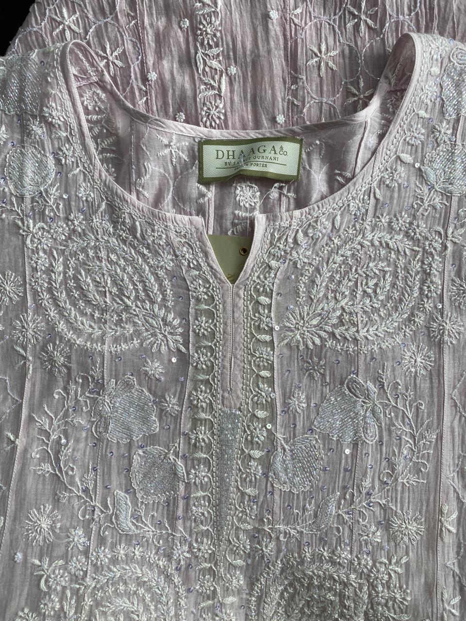 Lilac mul chanderi chikankari Anarkali kurta set
