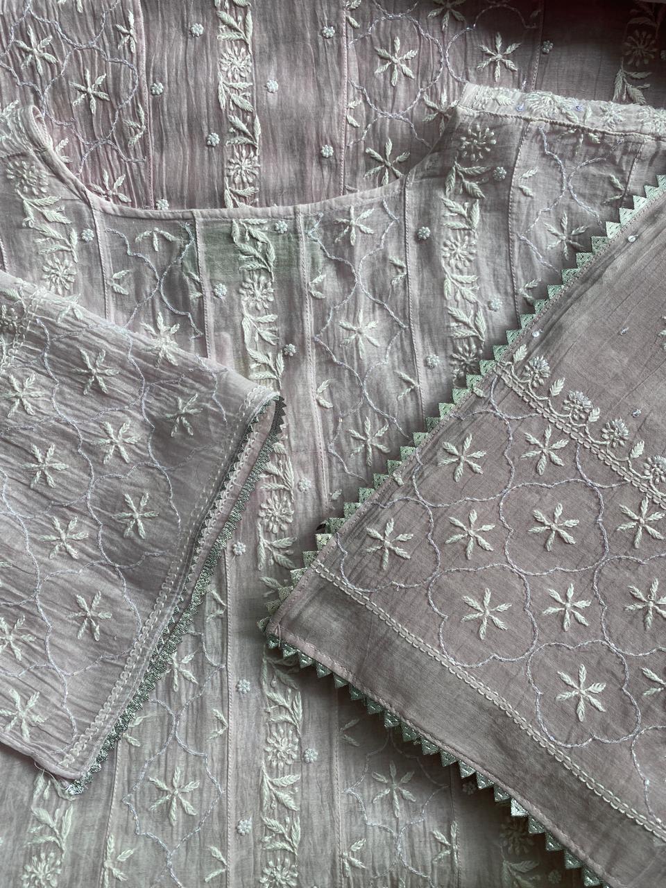 Lilac mul chanderi chikankari Anarkali kurta set