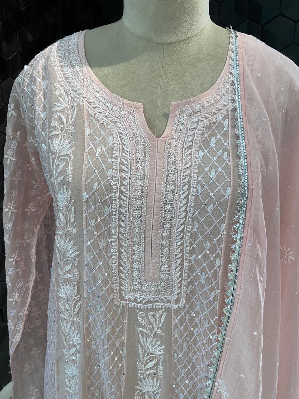 pink mul chanderi chikankari Anarkali kurta set