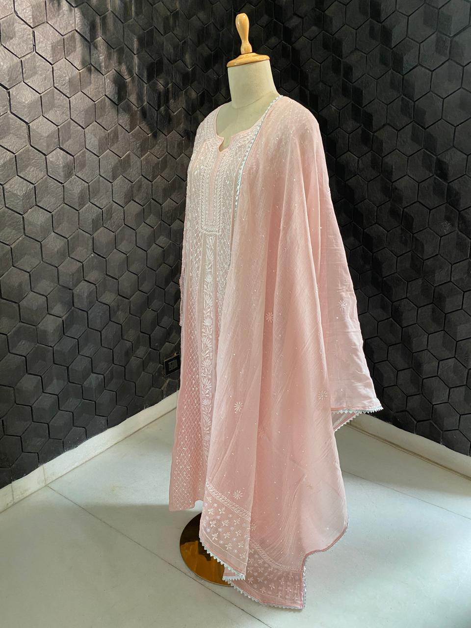pink mul chanderi chikankari Anarkali kurta set