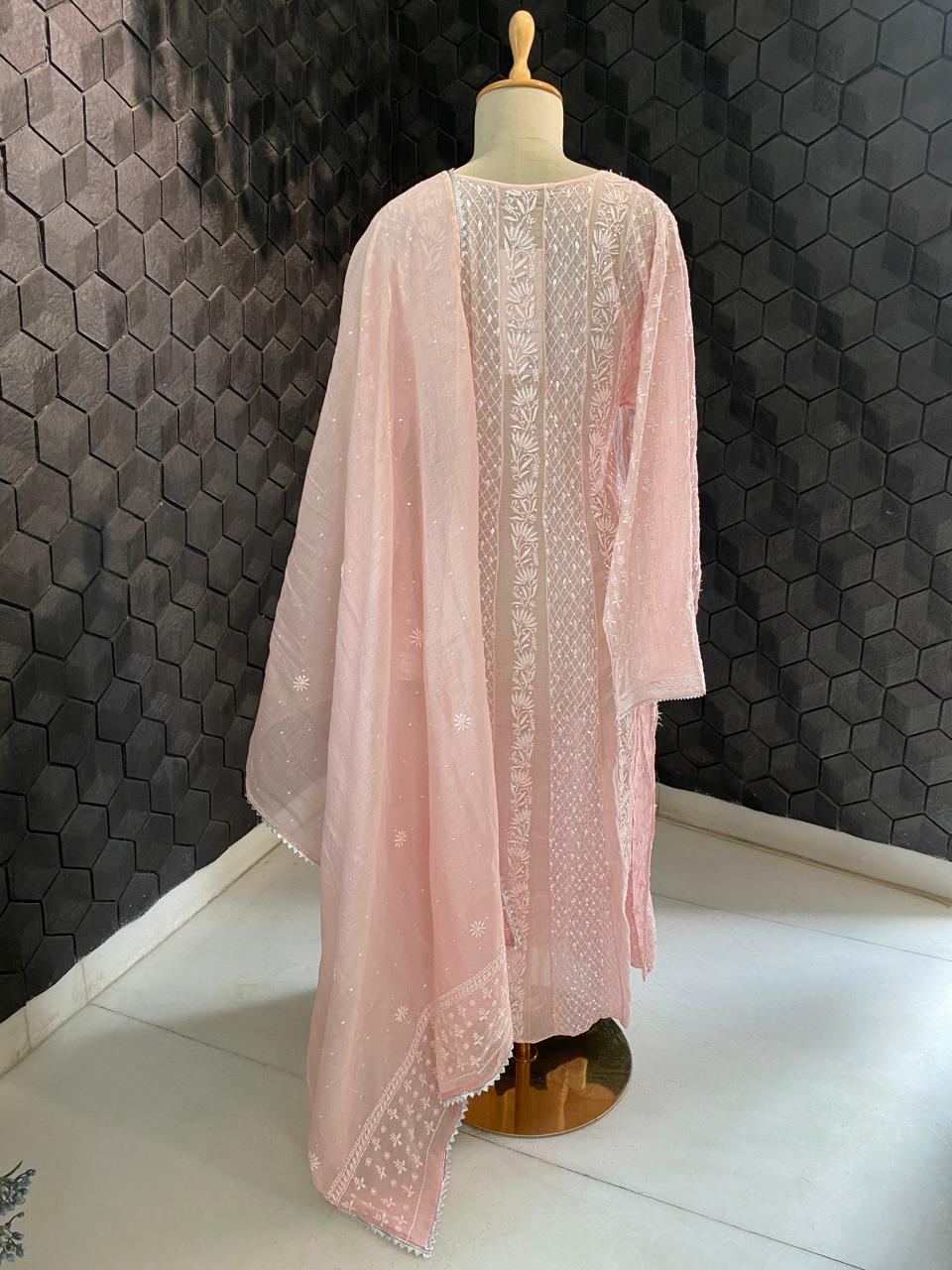 pink mul chanderi chikankari Anarkali kurta set