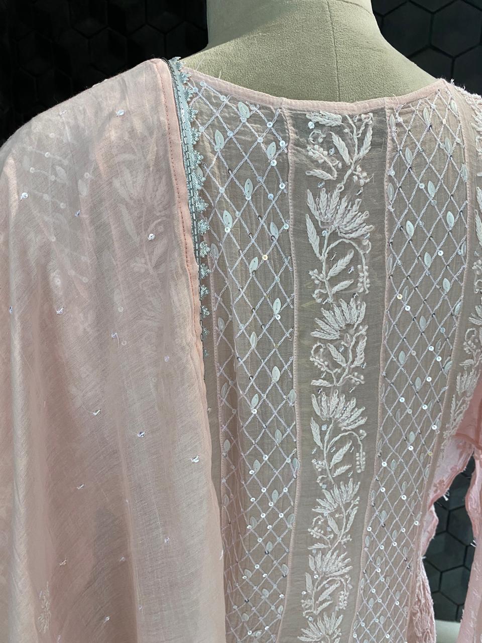pink mul chanderi chikankari Anarkali kurta set