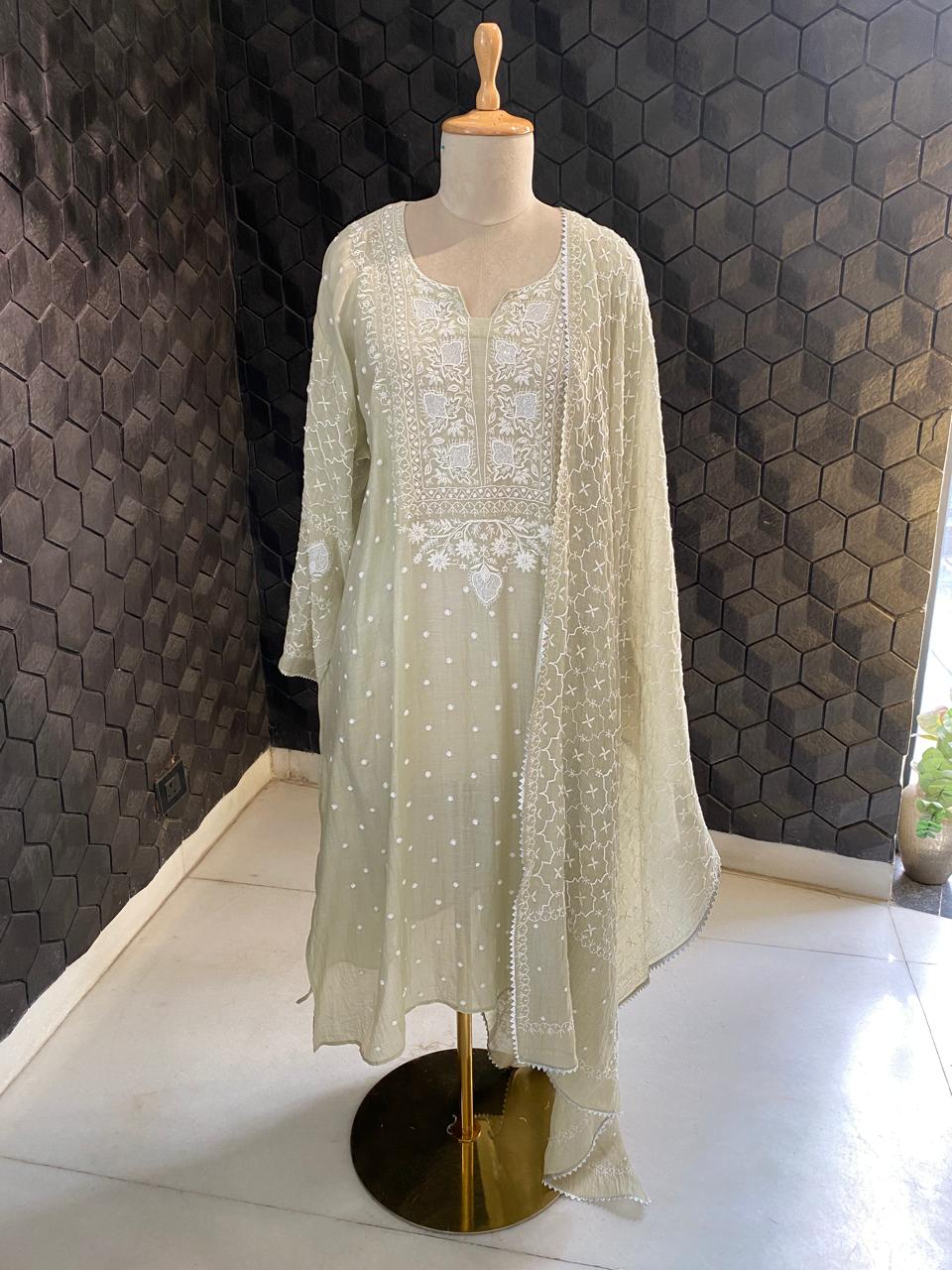 Dusty Green Mul Chanderi Chikankari Kurta Set