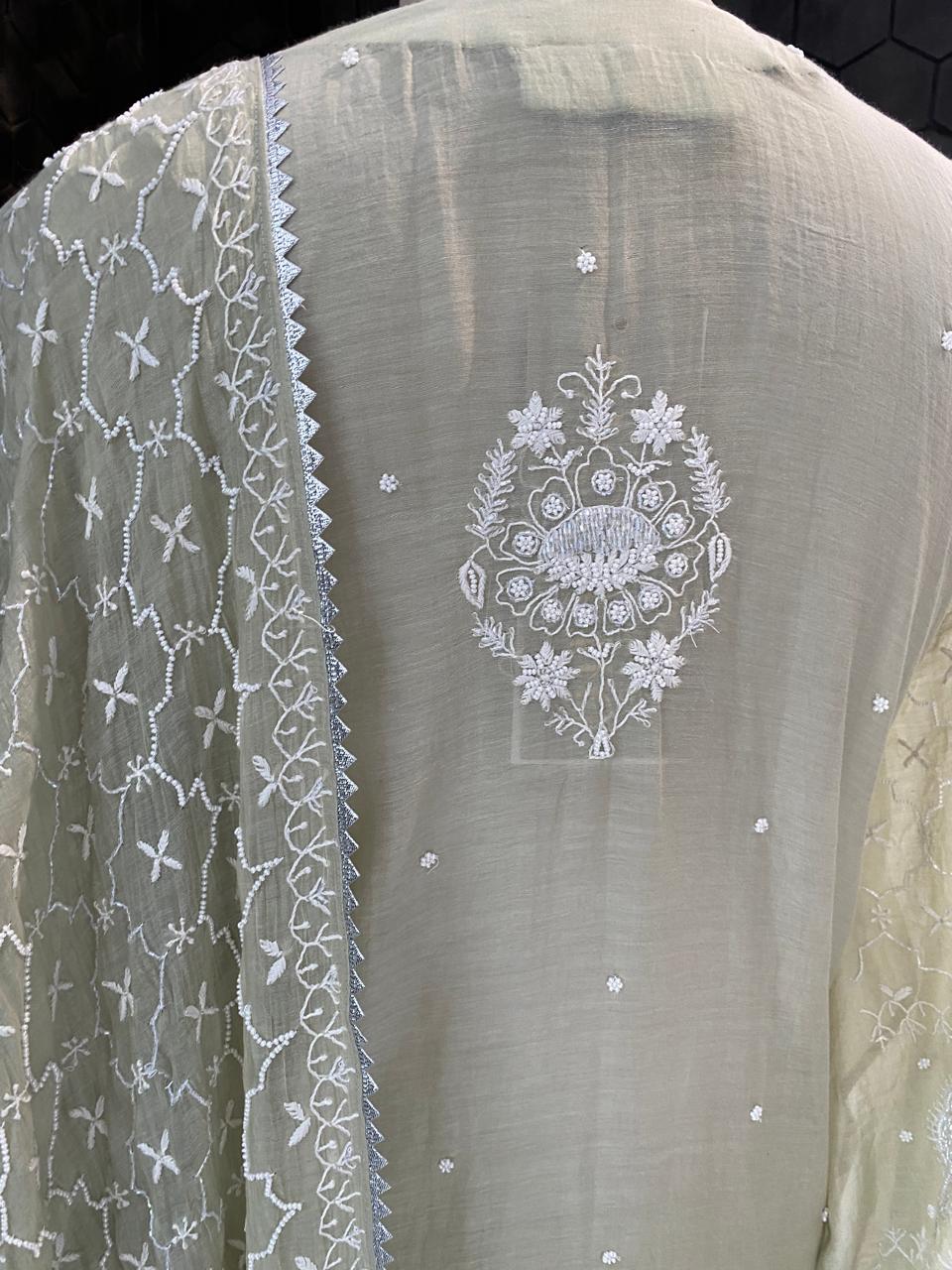 Dusty Green Mul Chanderi Chikankari Kurta Set