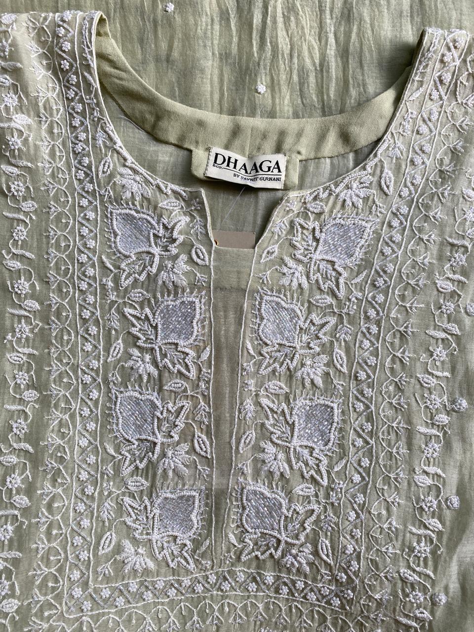 Dusty Green Mul Chanderi Chikankari Kurta Set