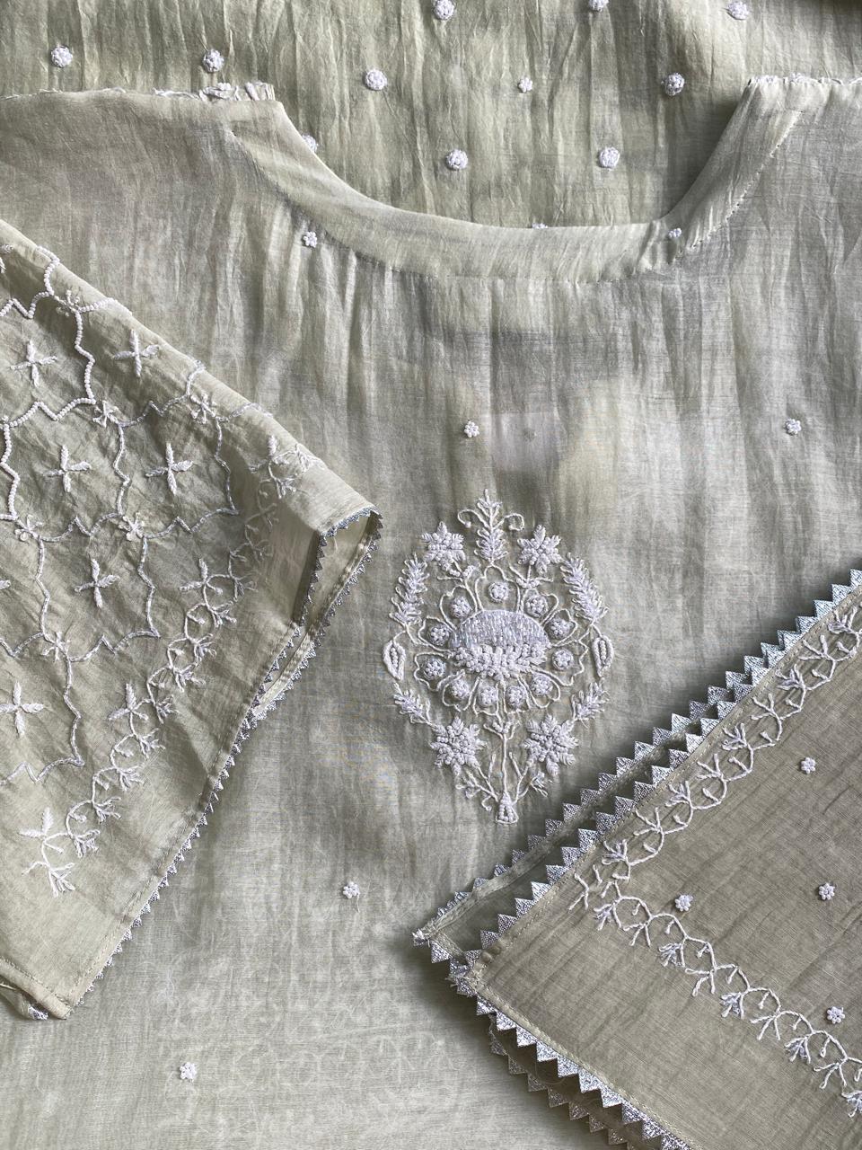 Dusty Green Mul Chanderi Chikankari Kurta Set