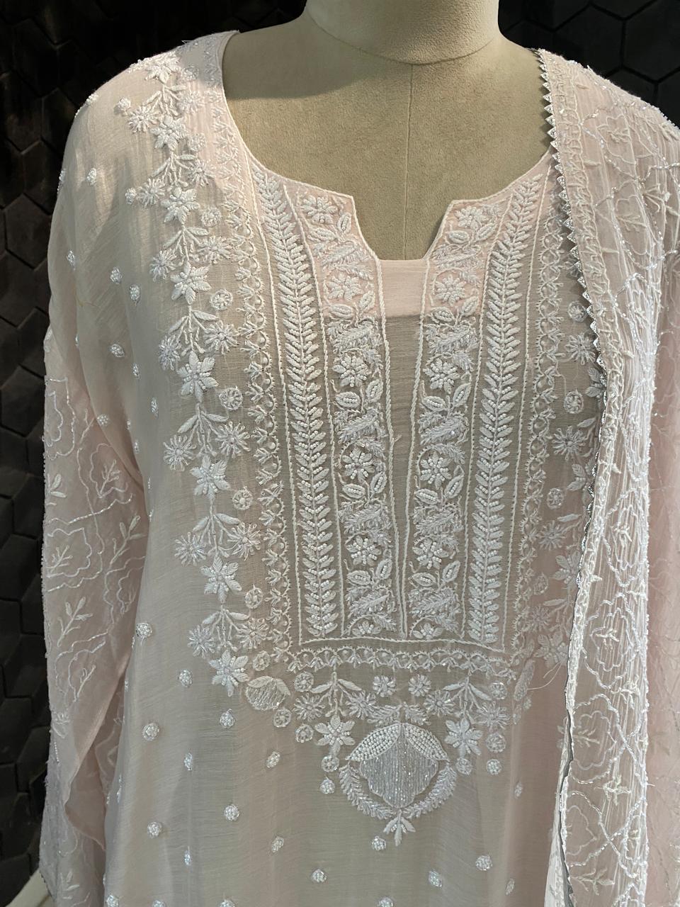 Pink Mul Chanderi Chikankari Kurta Set